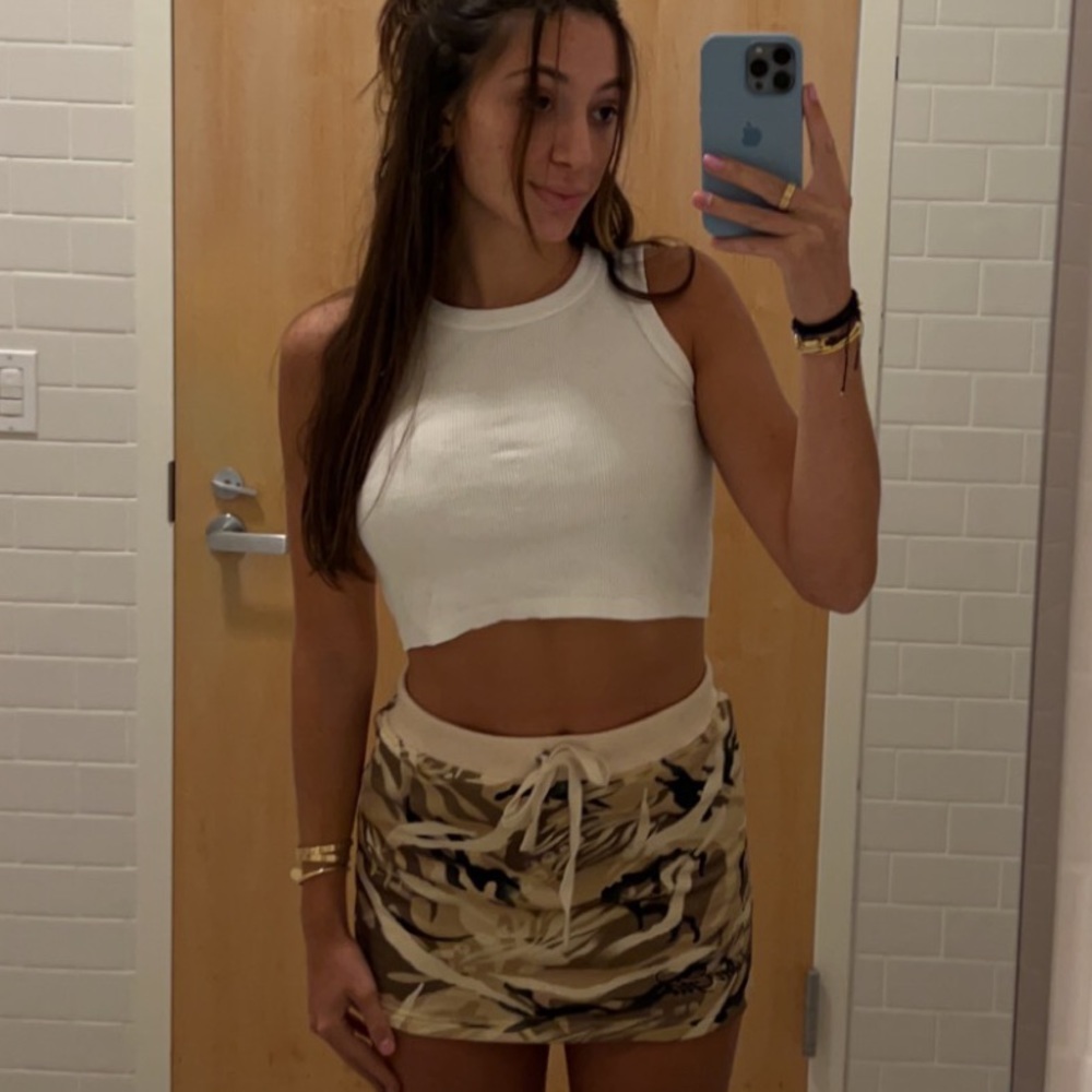 Tiger mist I am Gia camo terry cloth mini skirt XS tan and black